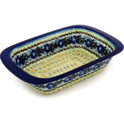 Polish Pottery Rectangular Baker 13&quot; Blue Poppy Circle UNIKAT