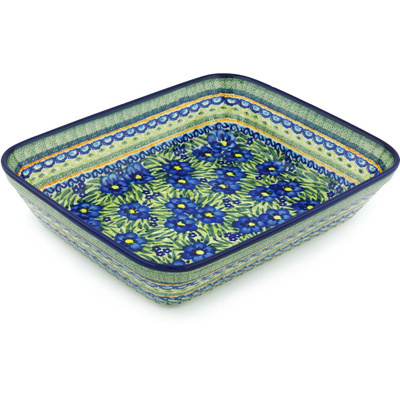 Polish Pottery Rectangular Baker 13&quot; Blue Poppy Patch UNIKAT