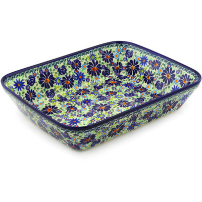 Polish Pottery Rectangular Baker 13" Blue Summer Garden