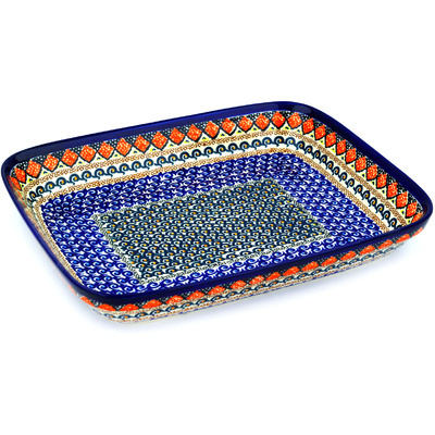 Polish Pottery Rectangular Baker 13&quot; Coral Diamonds UNIKAT