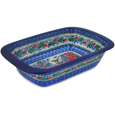 Polish Pottery Rectangular Baker 13&quot; Green Bird Meadow UNIKAT