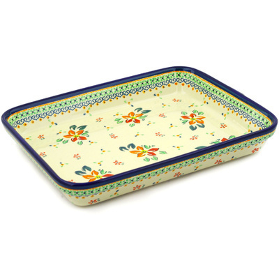 Polish Pottery Rectangular Baker 13" Orange Clematis