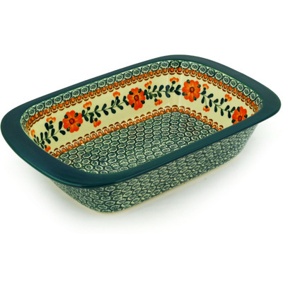 Polish Pottery Rectangular Baker 13" Orange Poppies