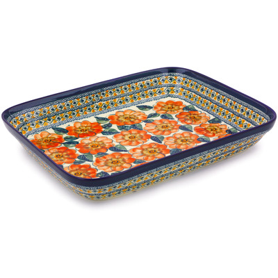 Polish Pottery Rectangular Baker 13&quot; Peach Poppies UNIKAT