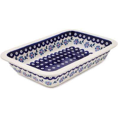 Polish Pottery Rectangular Baker 13&quot; Peacock Forget-me-not