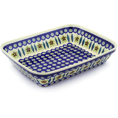 Polish Pottery Rectangular Baker 13&quot; Peacock Garden