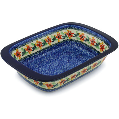 Polish Pottery Rectangular Baker 13&quot; Red Lily