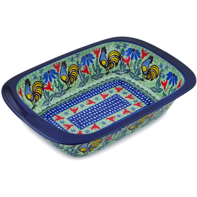 Polish Pottery Rectangular Baker 13&quot; Spring Rooster UNIKAT