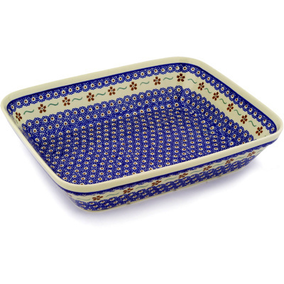 Polish Pottery Rectangular Baker 13" Sweet Red Flower
