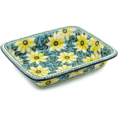 Polish Pottery Rectangular Baker 14&quot; Black Eyed Susan UNIKAT