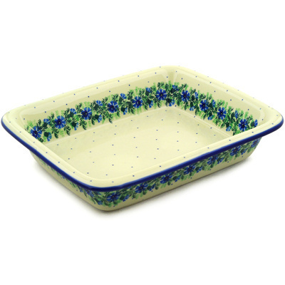 Polish Pottery Rectangular Baker 14" Blue Bell Wreath