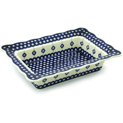 Polish Pottery Rectangular Baker 14" Blue Boutonniere