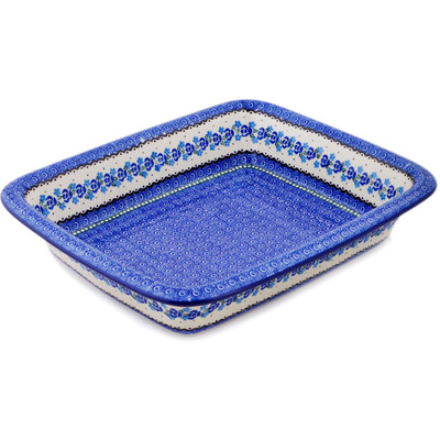 Polish Pottery Rectangular Baker 14&quot; Blue Bud Sea
