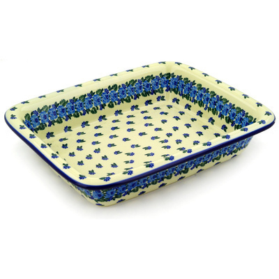 Polish Pottery Rectangular Baker 14&quot; Blue Carnation