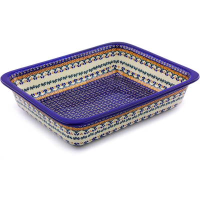 Polish Pottery Rectangular Baker 14" Blue Cress UNIKAT