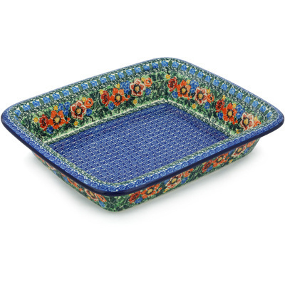 Polish Pottery Rectangular Baker 14&quot; Blue Daisy Bouquet UNIKAT