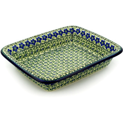 Polish Pottery Rectangular Baker 14" Blue Dogwood