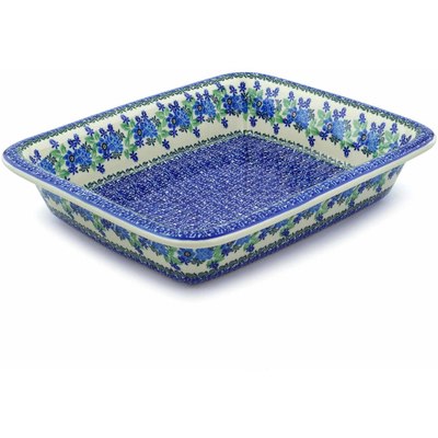 Polish Pottery Rectangular Baker 14" Blue Spring Wreath