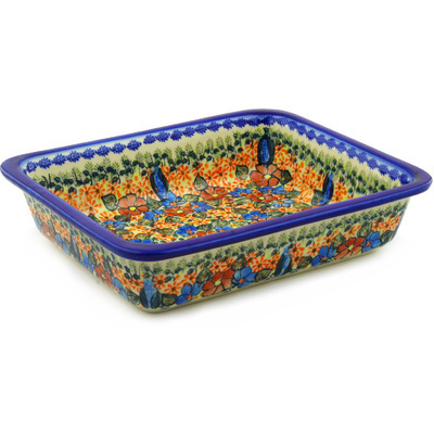 Polish Pottery Rectangular Baker 14" Bold Poppies UNIKAT