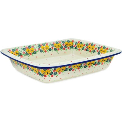 Polish Pottery Rectangular Baker 14" Golden Pansy Garden