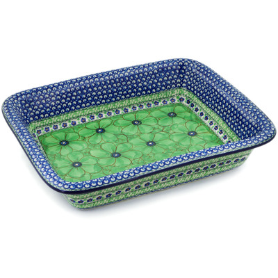 Polish Pottery Rectangular Baker 14" Green Pansies UNIKAT