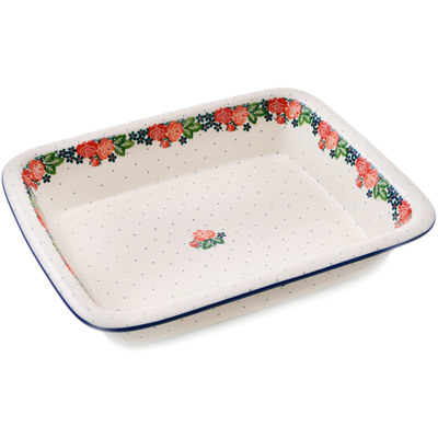 Polish Pottery Rectangular Baker 14" In The Rose Garden