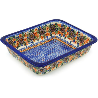 Polish Pottery Rectangular Baker 14" Mauve Poppies UNIKAT