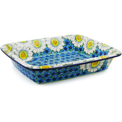 Polish Pottery Rectangular Baker 14&quot; Pansies And Daisies UNIKAT