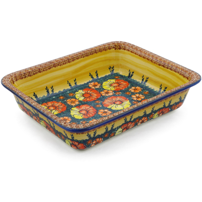 Polish Pottery Rectangular Baker 14&quot; Poppy Love UNIKAT