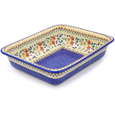 Polish Pottery Rectangular Baker 14" Red Anemone Meadow UNIKAT