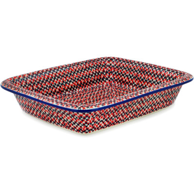 Polish Pottery Rectangular Baker 14&quot; Red Houndstooth