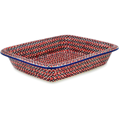 Polish Pottery Rectangular Baker 14" Red Houndstooth