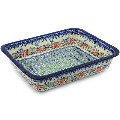 Polish Pottery Rectangular Baker 14" Ring Of Flowers UNIKAT