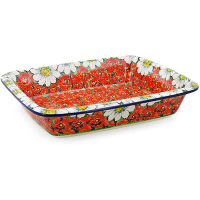 Polish Pottery Rectangular Baker 14&quot; Sweet Red Petals UNIKAT