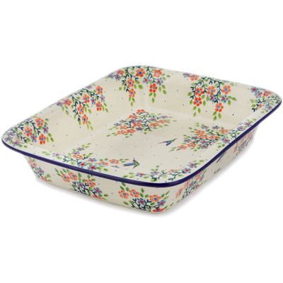 Polish Pottery Rectangular Baker 14" Verdant Hummingbird Spring UNIKAT