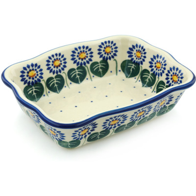 Polish Pottery Rectangular Baker 8&quot; Blue Daisies