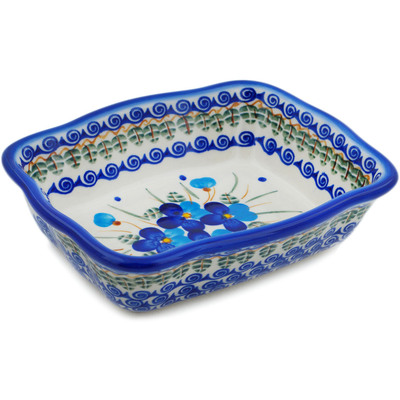 Polish Pottery Rectangular Baker 8&quot; Blue Pansy