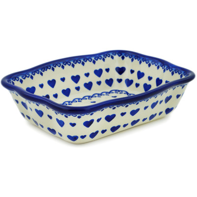 Polish Pottery Rectangular Baker 8&quot; Blue Valentine Hearts