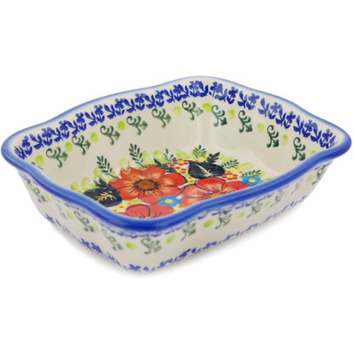 Polish Pottery Rectangular Baker 8" Bold Red Poppies UNIKAT