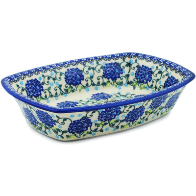 Polish Pottery Rectangular Baker 8&quot; Cobalt Hydrangea UNIKAT