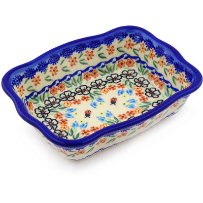 Polish Pottery Rectangular Baker 8&quot; Fanciful Ladybug