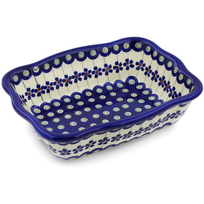 Polish Pottery Rectangular Baker 8" Flowering Peacock