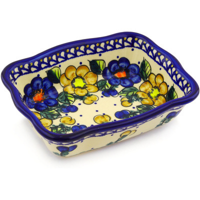 Polish Pottery Rectangular Baker 8" Pansy Circle UNIKAT