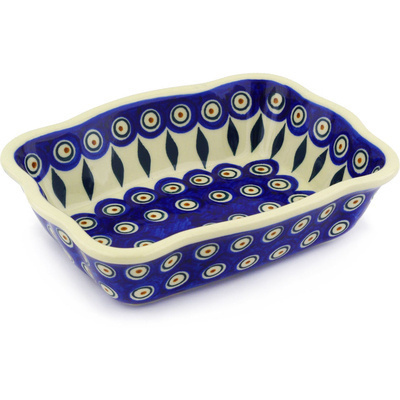 Polish Pottery Rectangular Baker 8" Peacock