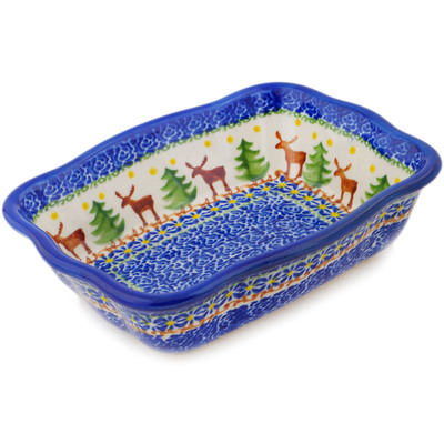 Polish Pottery Rectangular Baker 8" Pine Forest Reindeer