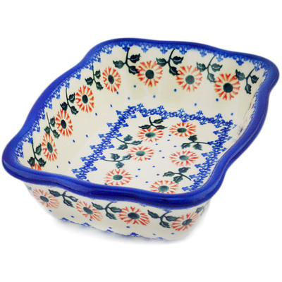 Polish Pottery Rectangular Baker 8" Red Daisy Delight