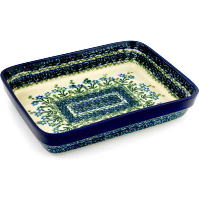 Polish Pottery Rectangular Baker 9&quot; Blue Daisy Circle