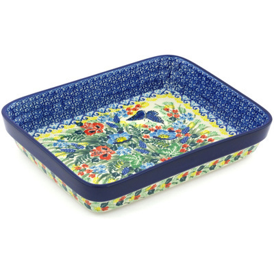 Polish Pottery Rectangular Baker 9&quot; Blue Monarch Garden UNIKAT