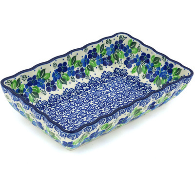 Polish Pottery Rectangular Baker 9&quot; Blue Phlox