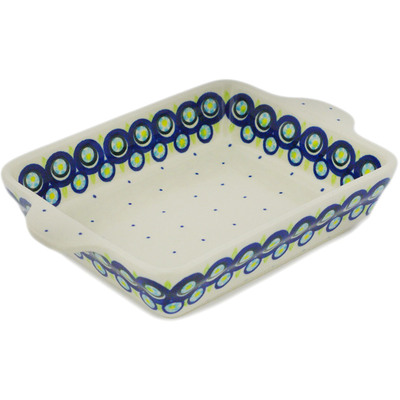 Polish Pottery Rectangular Baker 9&quot; Cerulean &amp; Teal Bubbles